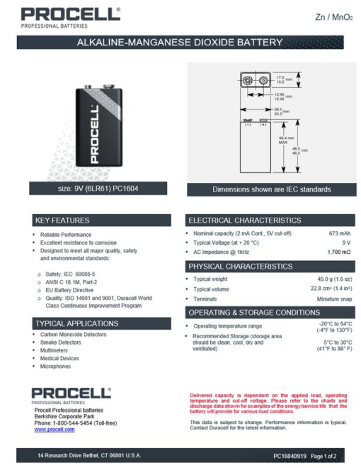9V Duracell Procell 6LR61, MN1604 Alkaliskt batteri-112632