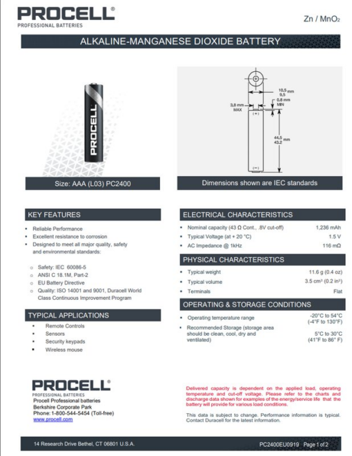 LR03 Duracell Procell AAA Batteri 1,5V Alkaliskt MN2400-112635