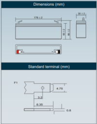 12V 2.3Ah AGM batteri T1 VDS 178x66x35mm-57007